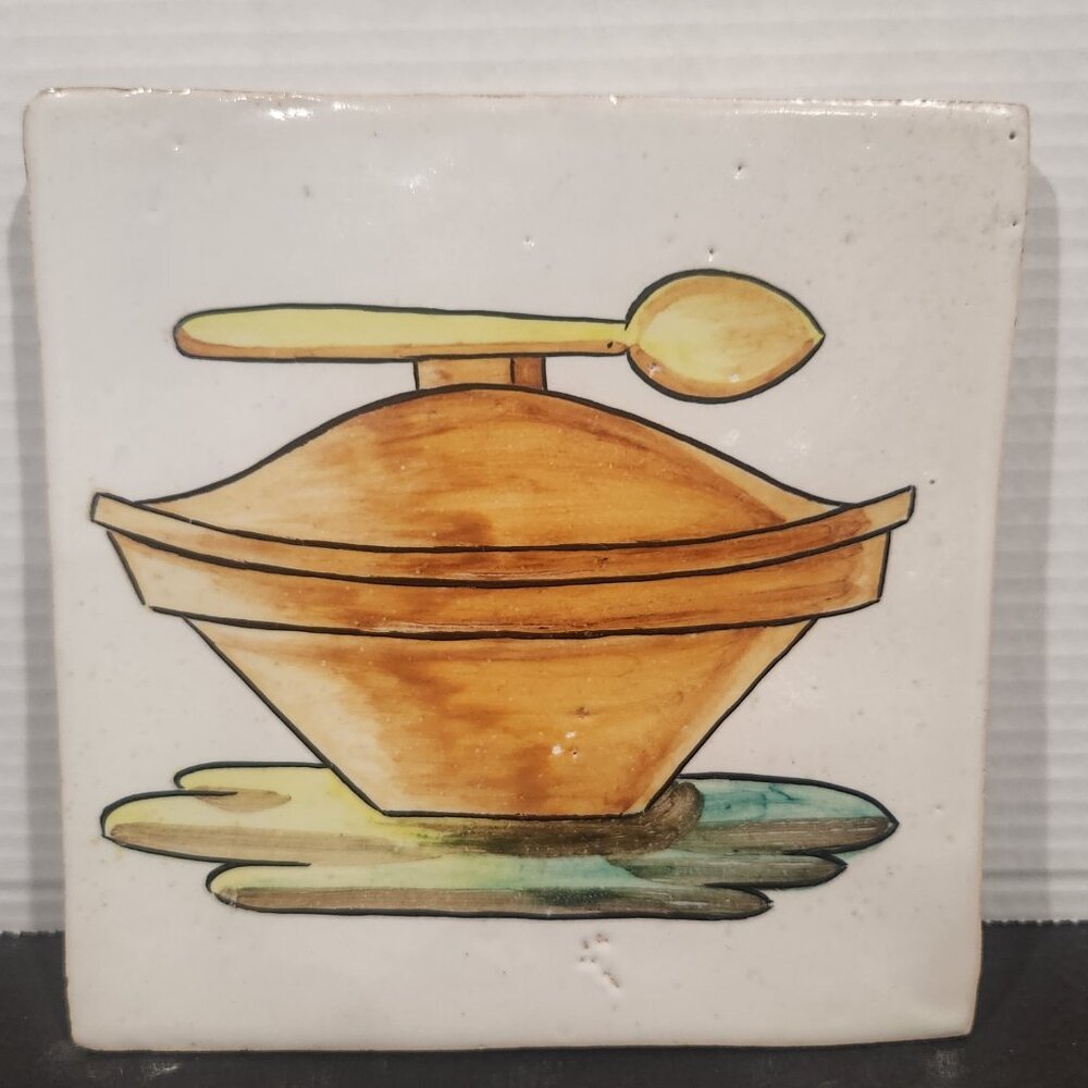 Vintage Kitchen Clay Tile Hand Painted with a Lidded Pot & Spoon Grazed 8.25"